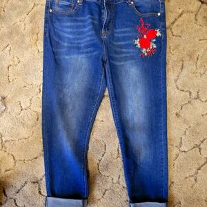 Chic Blue Denim Boyfriend Jeans with Red Floral Embroidery